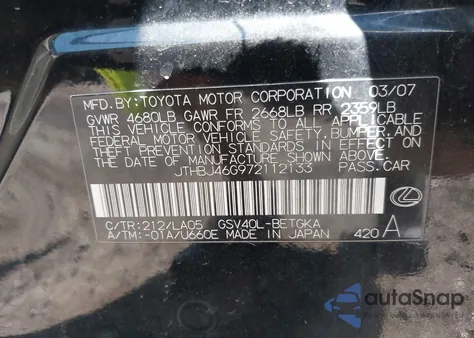 2007 Lexus Es 350 350 z USA, uszkodzony, nr VIN JTHBJ46G972112133